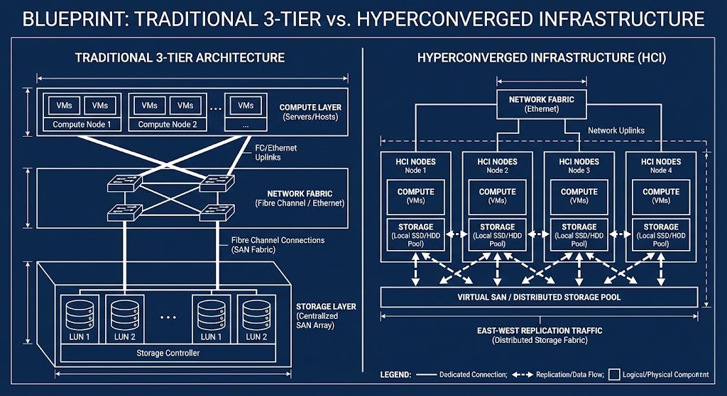 Traditional SAN vs hyperconverged distributed storage architecture comparison