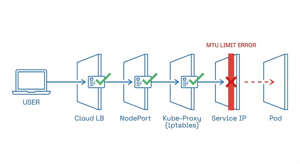 A technical diagram illustrating the 5-hop Kubernetes network path from Cloud Load Balancer to Pod, highlighting potential failure points like MTU.