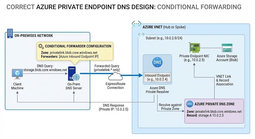 Proper Azure Private Endpoint conditional DNS forwarding architecture.