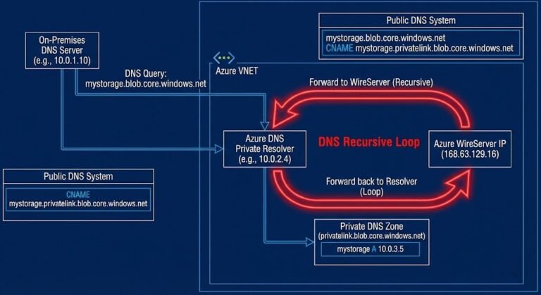 Azure Private Endpoint DNS recursive loop architecture between on-prem DNS and Azure resolver.
