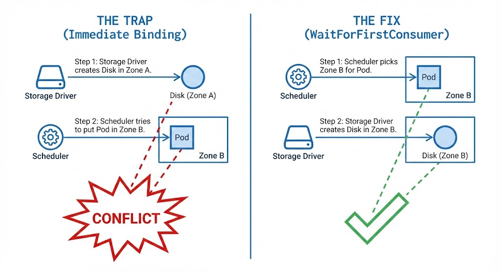 A diagram comparing Immediate Binding vs WaitForFirstConsumer in Kubernetes storage scheduling.
