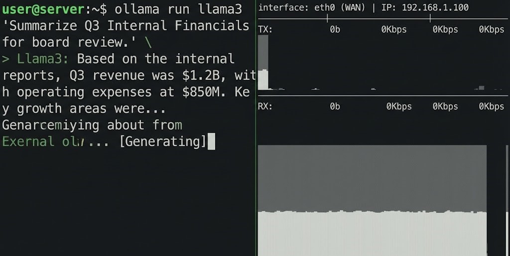 Terminal output showing a local LLM answering sensitive questions with zero network egress.