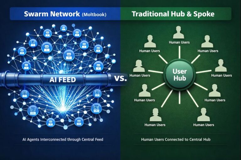 Network topology diagram of Moltbook's agent swarm architecture versus traditional social media.