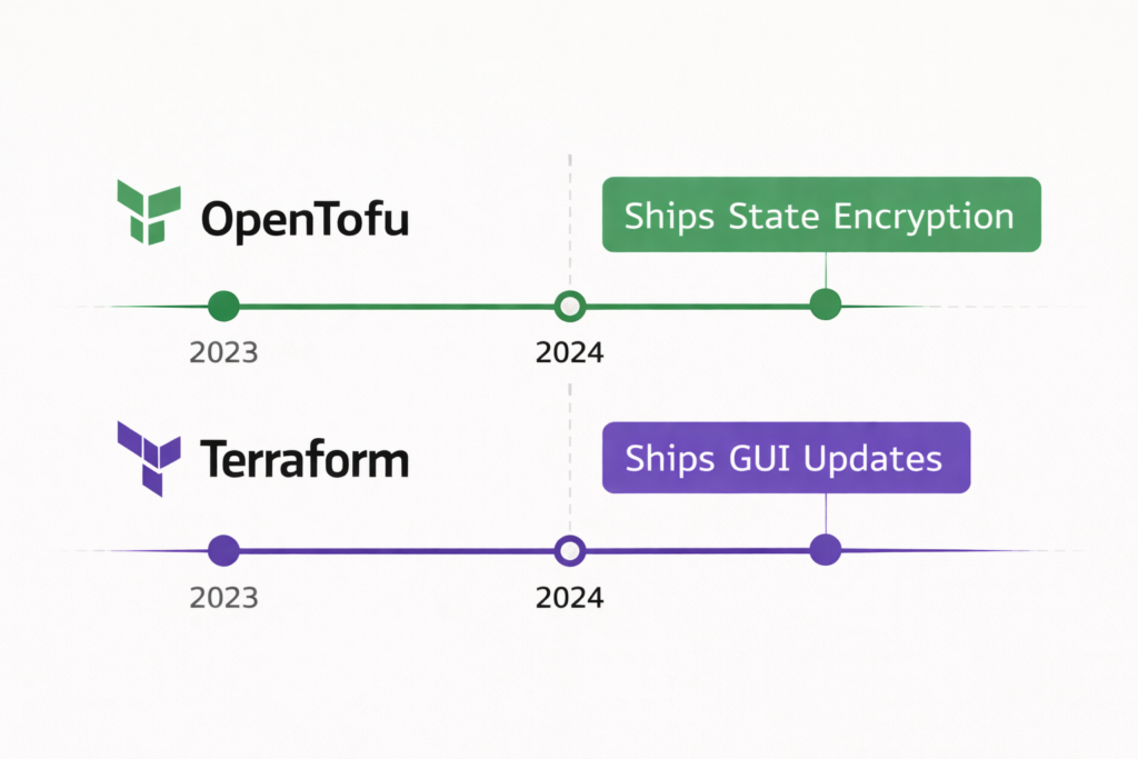 Timeline of feature releases comparing OpenTofu technical features vs Terraform commercial features.