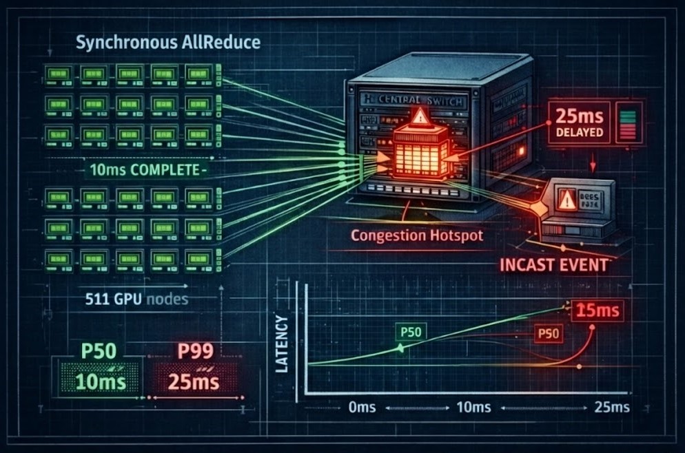 AllReduce GPU cluster stalled by tail latency spike caused by incast congestion event