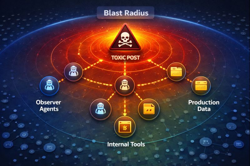 Visualizing the blast radius of a toxic AI prompt spreading from a social network to production infrastructure.
