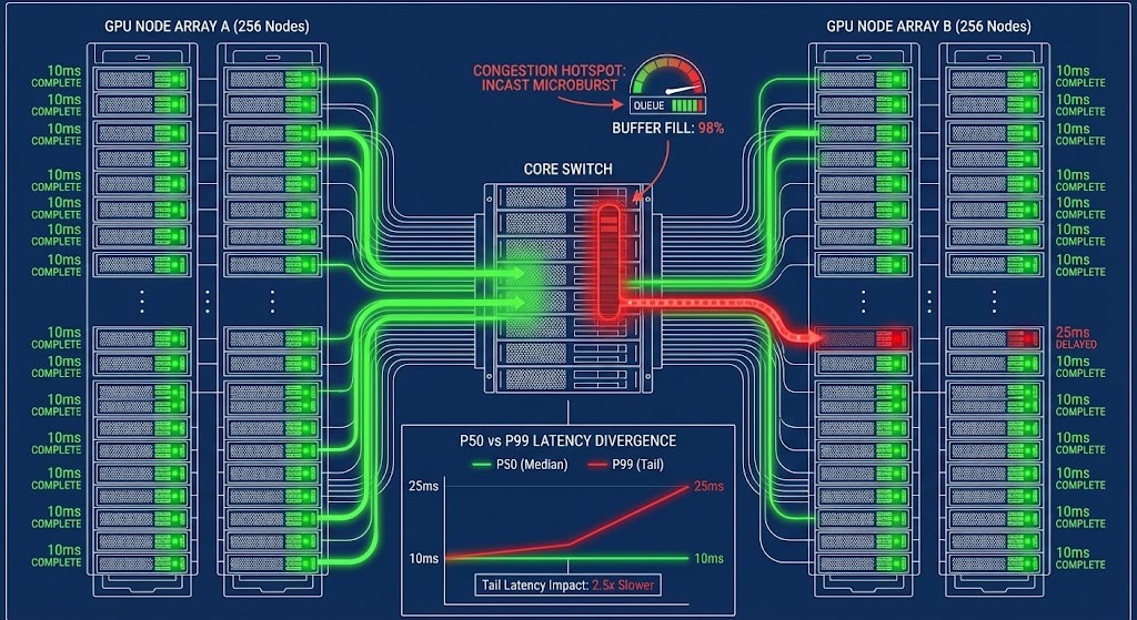 AllReduce tail latency amplification where one delayed node determines global synchronization time.