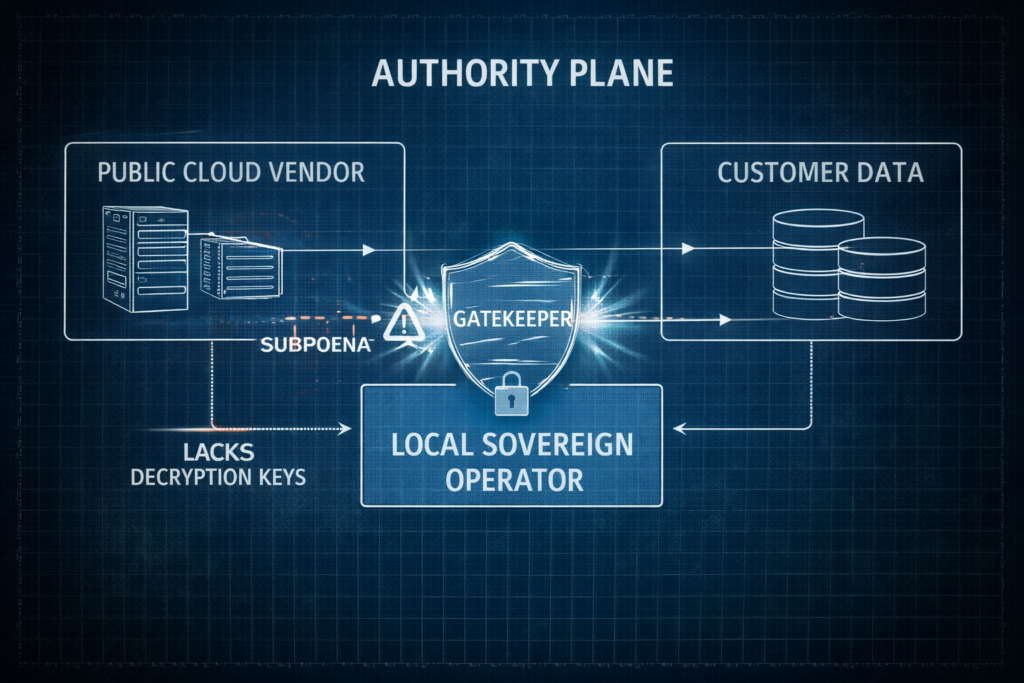 Detailed diagram of the Authority Plane blocking external legal compulsion.