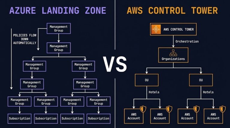 azure landing zone vs aws control tower architecture comparison diagram showing management group hierarchy versus organizational unit structure