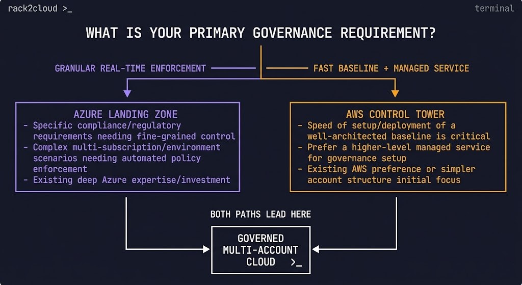 azure landing zone vs aws control tower decision framework diagram showing governance requirement branching to platform selection