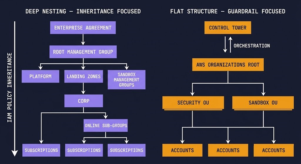 azure management groups hierarchy versus aws organizations and organizational units showing policy inheritance depth comparison