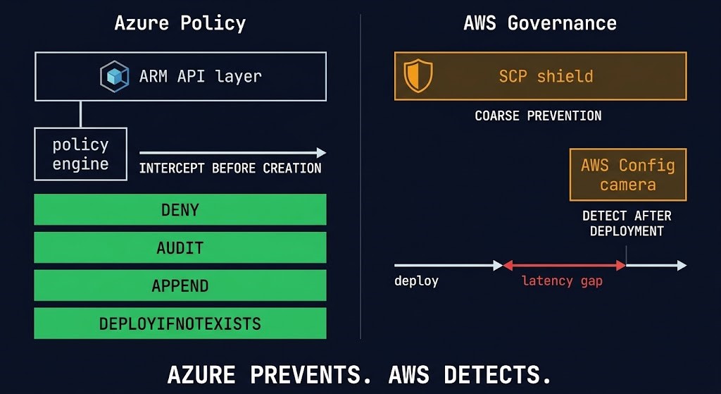 azure policy versus aws scp and config governance engine comparison showing real time policy interception versus reactive detection