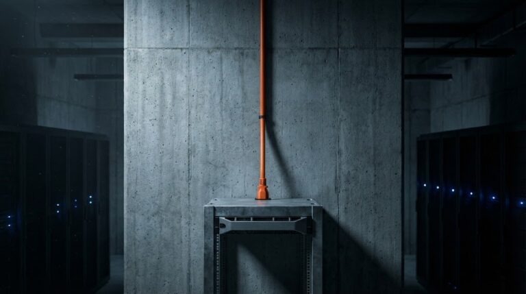 A dramatic brutalist architectural shot of a massive raw concrete wall in a dark server room. A single bright orange industrial cable connects directly to an unpainted metal server chassis, symbolizing the concept of Software Brutalism and exposed infrastructure.