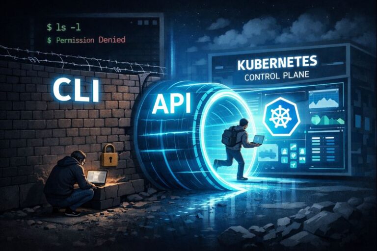 Conceptual illustration showing a user bypassing a restrictive "CLI" wall via a direct "API" tunnel to access a Kubernetes control plane.