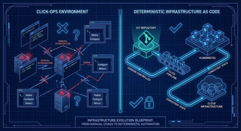 Diagram comparing manual Click-Ops infrastructure versus deterministic Infrastructure as Code architecture.