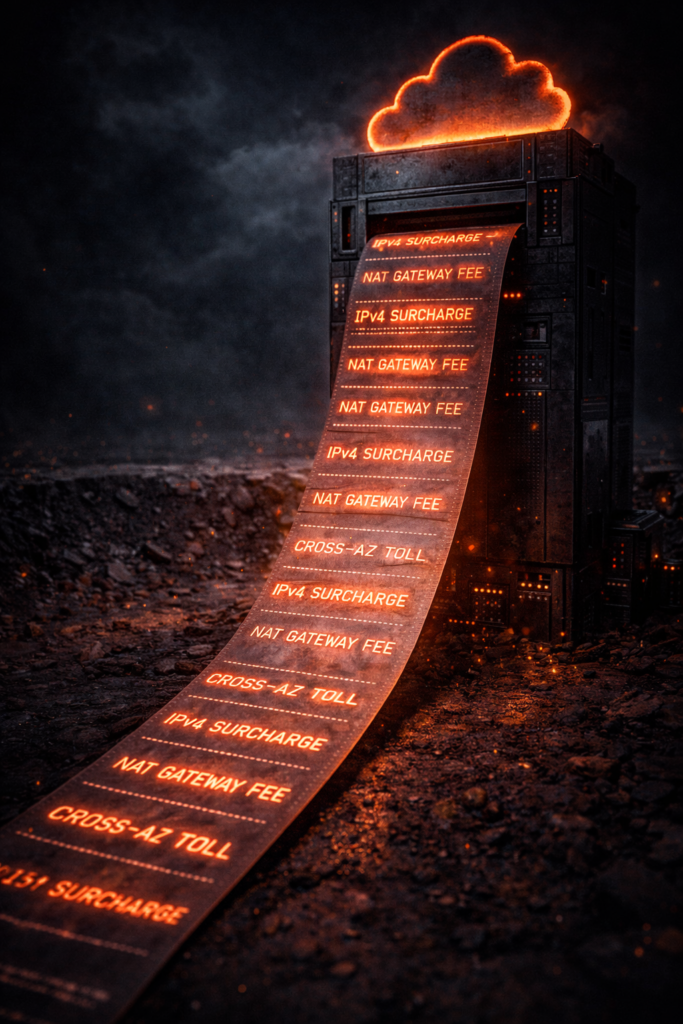 Brutalist illustration of a cloud bill with hidden surcharges for IPv4 and networking.