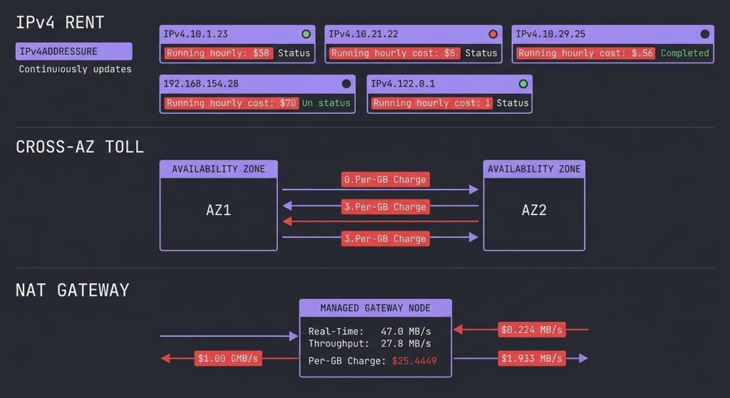 Cloud bill 2026 — IPv4 rent, Cross-AZ toll, and NAT Gateway egress tax architecture diagram