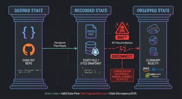 Diagram showing the difference between desired state, recorded state, and observed state in IaC.