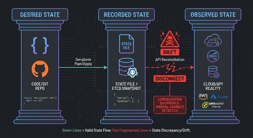 Diagram showing the difference between desired state, recorded state, and observed state in IaC.