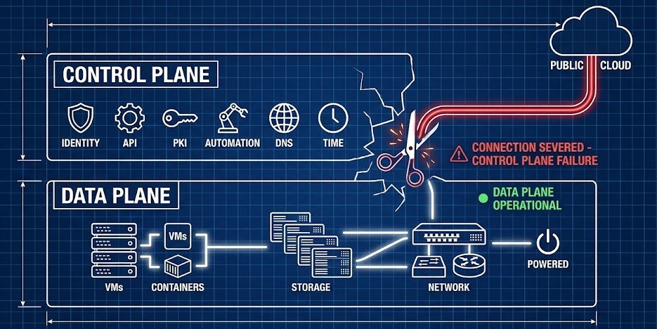 Control plane services failing when external connectivity is severed.