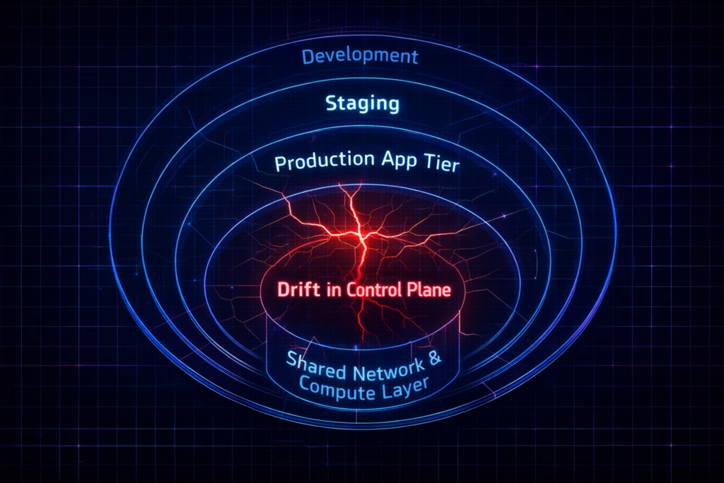 Architectural blast radius model illustrating how configuration drift in shared infrastructure layers causes systemic production failure.