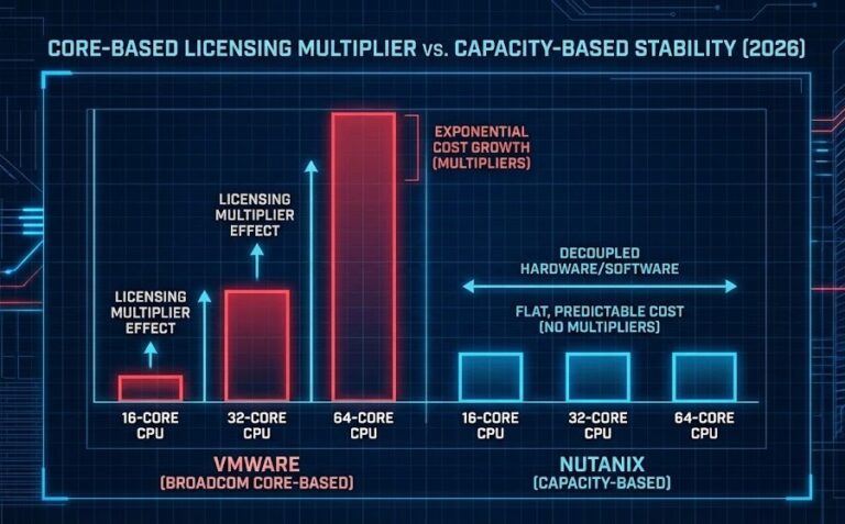 Alt Text: Bar chart showing VMware per-core licensing cost multiplying exponentially against Nutanix capacity-based licensing as CPU density increases.