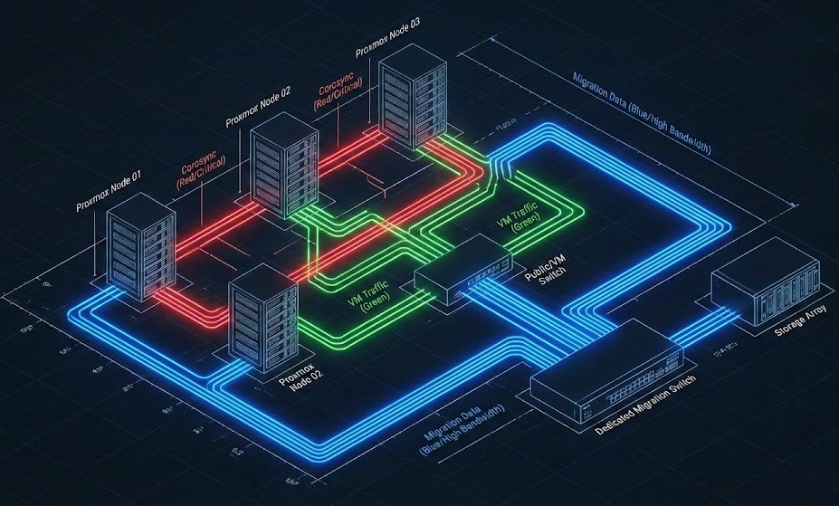 Proxmox network diagram showing physical separation of Corosync heartbeat and 10GbE migration traffic.