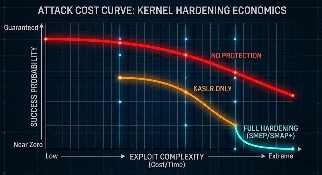 Graph showing how KASLR, SMEP, and SMAP increase the economic cost of developing a functional exploit.