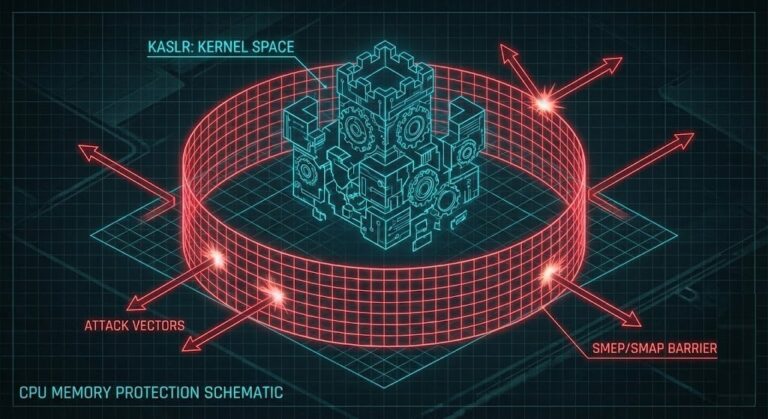 Diagram illustrating KASLR memory randomization and SMEP/SMAP execution prevention layers.
