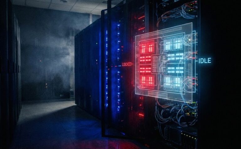 A server rack with a holographic CPU die overlay showing locked cores. Caption: The Dashboard Lie: Utilization is low, but the cores are locked.