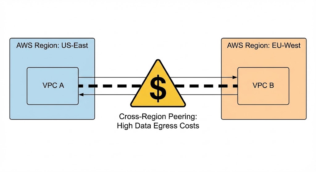 Diagram illustrating the cross-region data transfer egress costs over an AWS VPC peering connection.