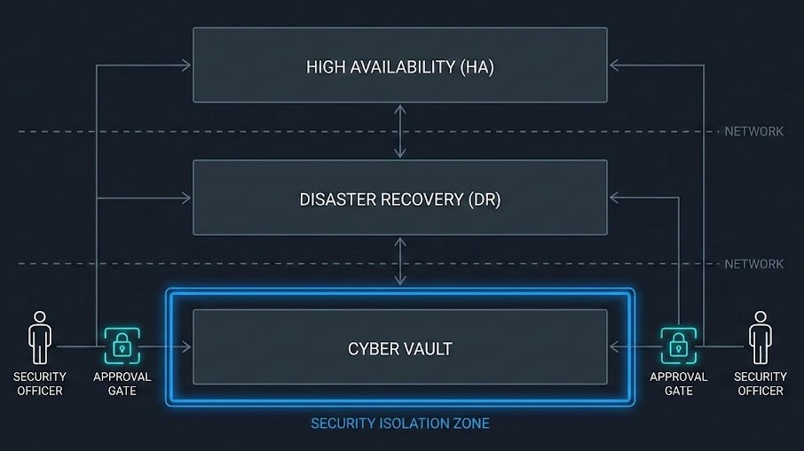 Cyber vault architecture separated from production and disaster recovery environments