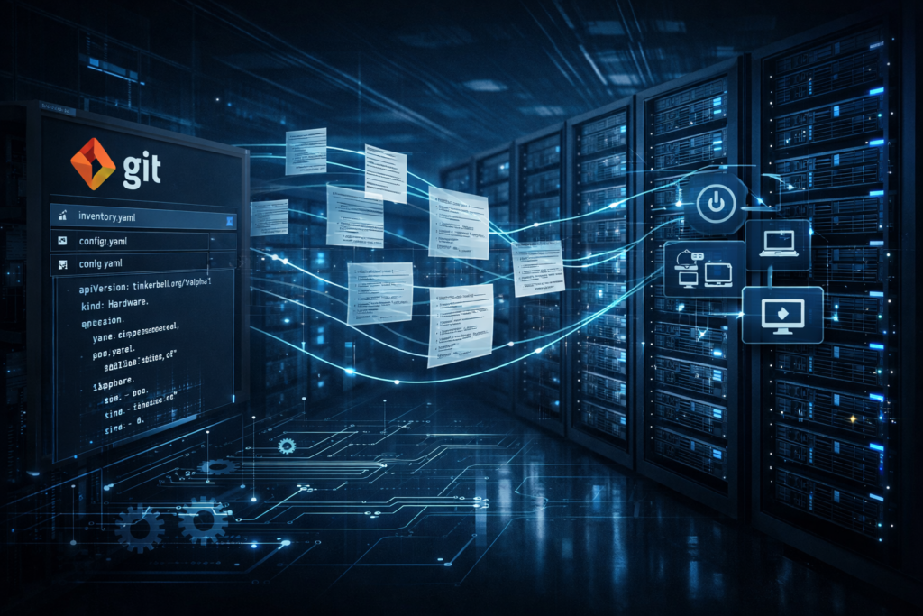 A server rack where the physical hardware is displaying Git commit logs, symbolizing hardware as code.
