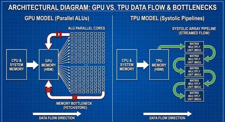 I compute bottleneck visualization: CPU to GPU vs TPU data flows.