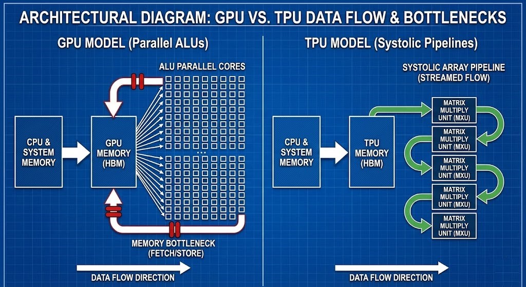 I compute bottleneck visualization: CPU to GPU vs TPU data flows.