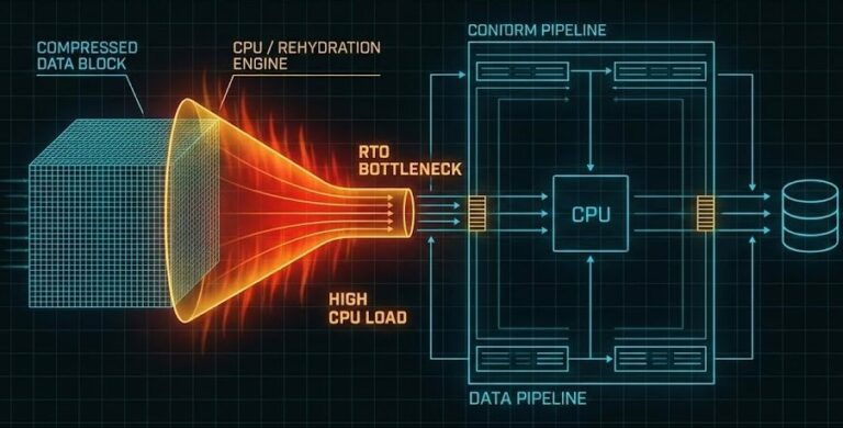 Technical diagram showing the data rehydration bottleneck during a backup recovery process.