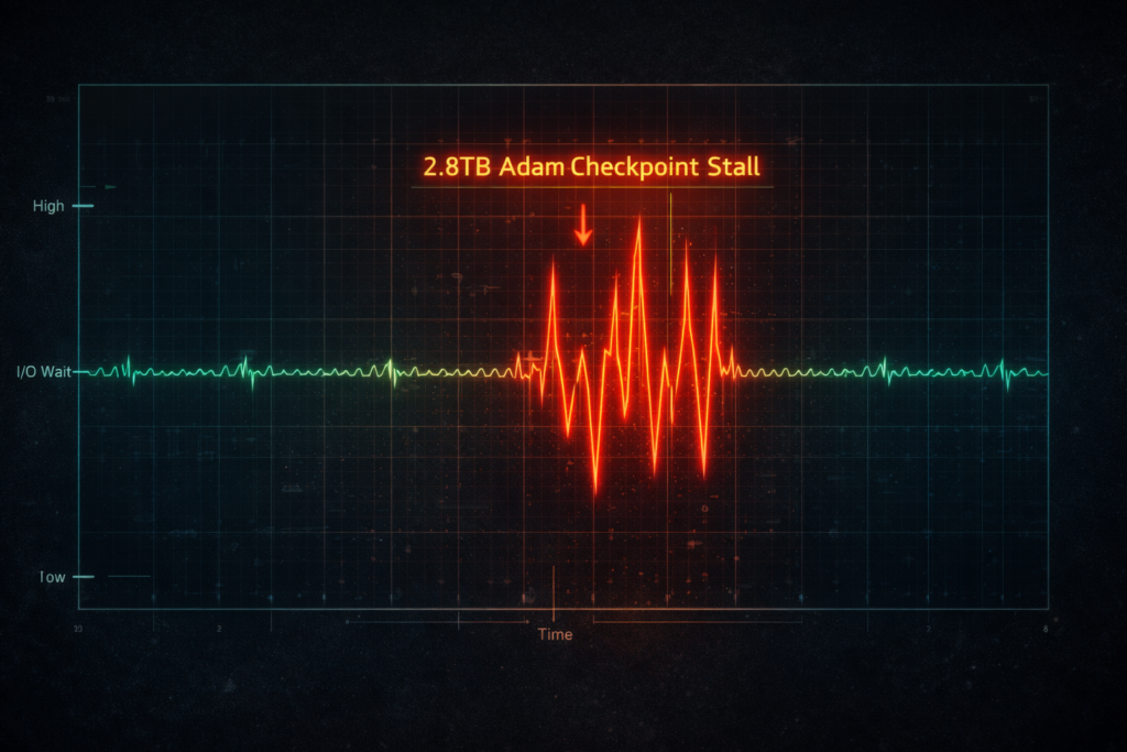 Graph showing P99 latency spikes during AI model checkpointing causing GPU stalls.