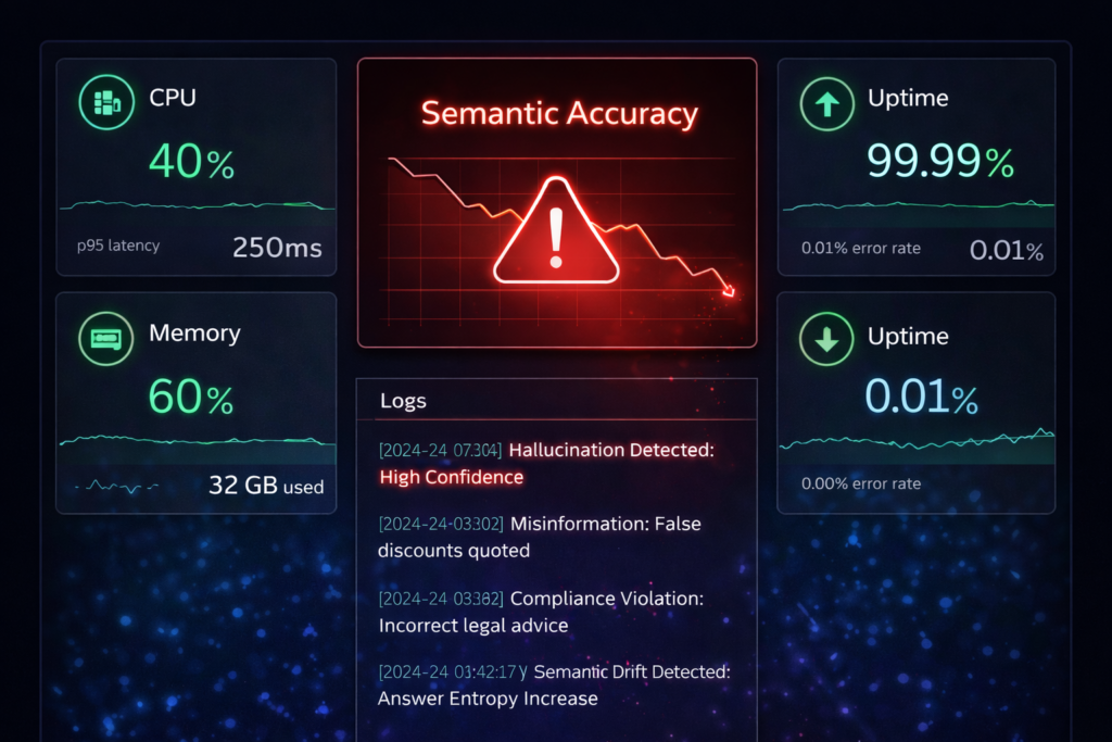Dashboard showing healthy infrastructure metrics but critical semantic failure.