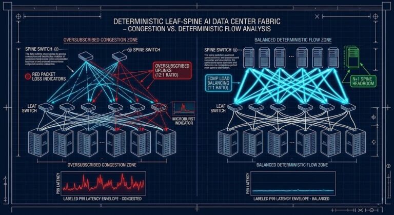 Deterministic leaf-spine AI network fabric showing symmetric paths, N+1 headroom, and latency envelope control