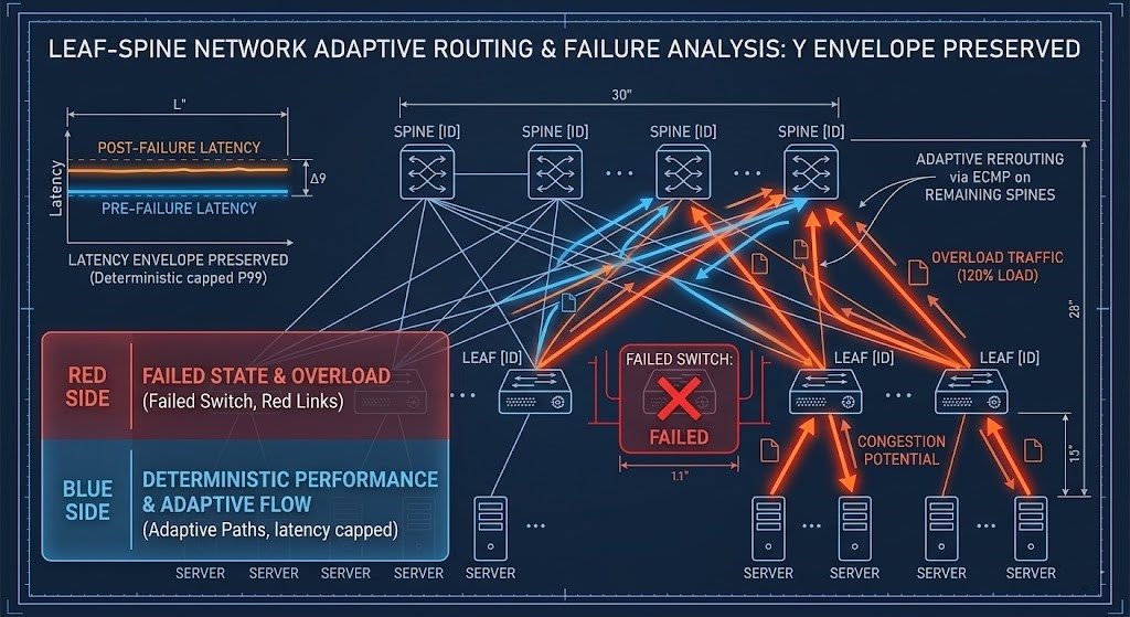 Leaf-spine AI network with one switch failed and traffic rebalanced under N+1 deterministic design