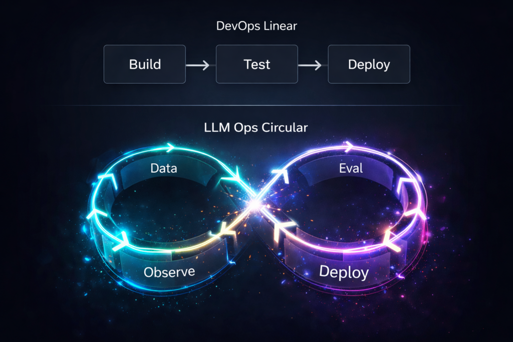 Comparison of the linear DevOps pipeline vs the circular LLM Ops feedback loop.