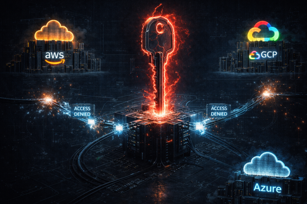 Brutalist illustration of a single, failed identity master key locking out access to AWS, Azure, and GCP cloud environments simultaneously.