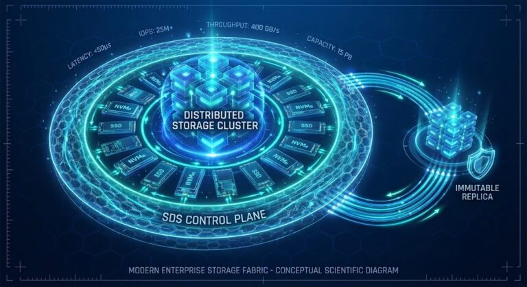 Blueprint-style diagram of a distributed software-defined storage cluster with NVMe drives, replication links, and a remote immutable replica.