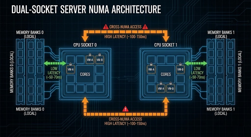 NUMA architecture diagram showing dual CPU sockets, memory locality, and cross-node latency impact in virtualization