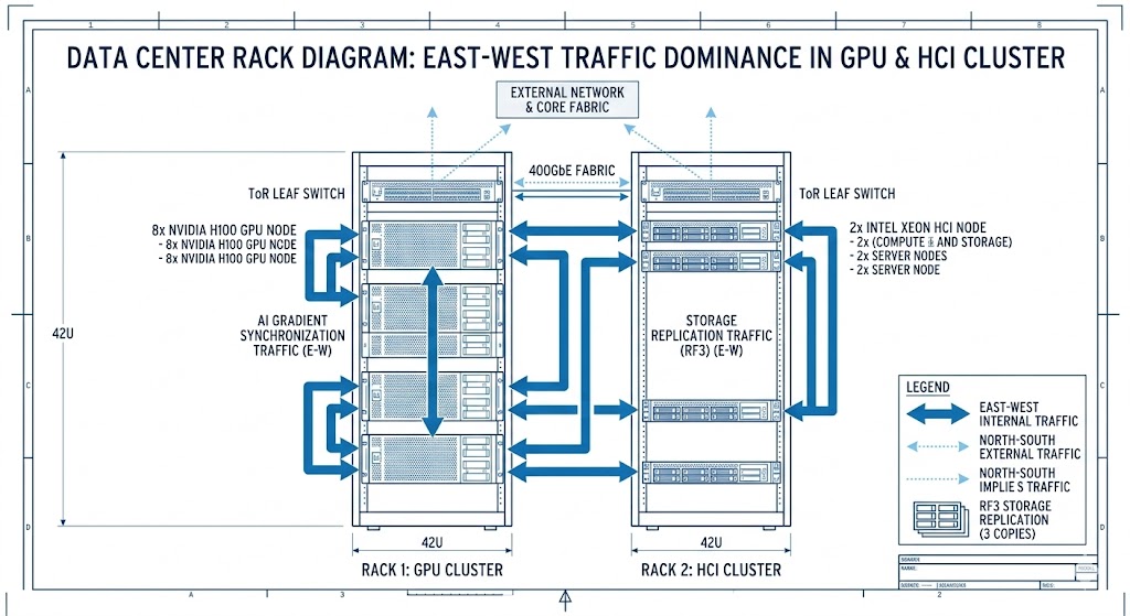 East-West network traffic dominance in GPU and hyperconverged infrastructure cluster