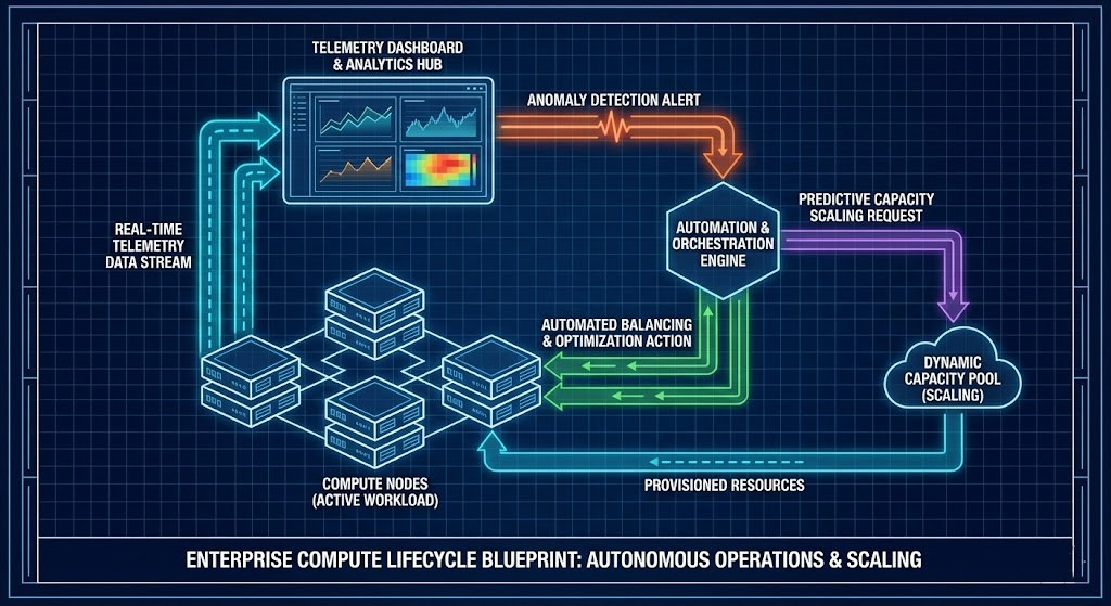 Compute telemetry and lifecycle management diagram showing predictive monitoring and automated balancing