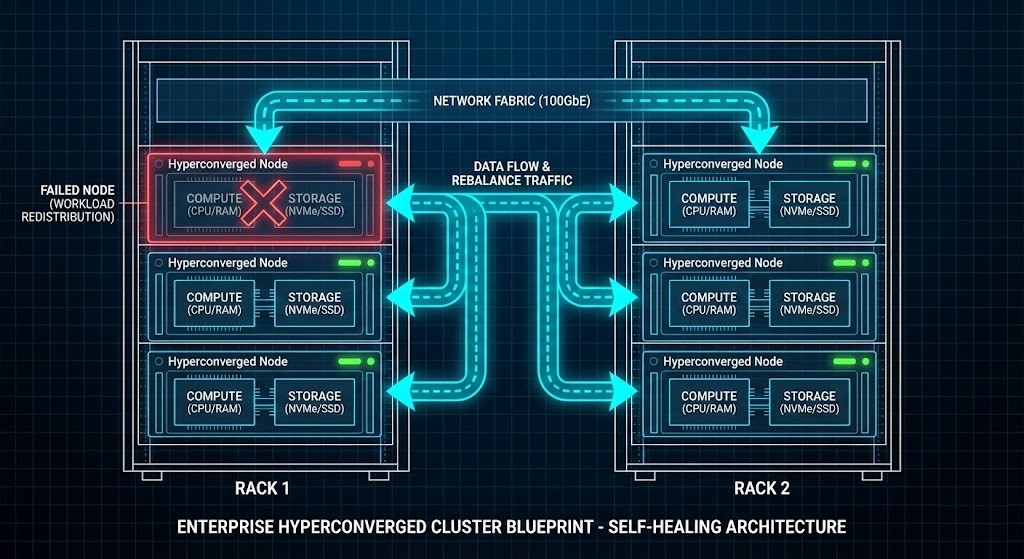 High-density hyperconverged cluster diagram showing compute distribution and node failure impact