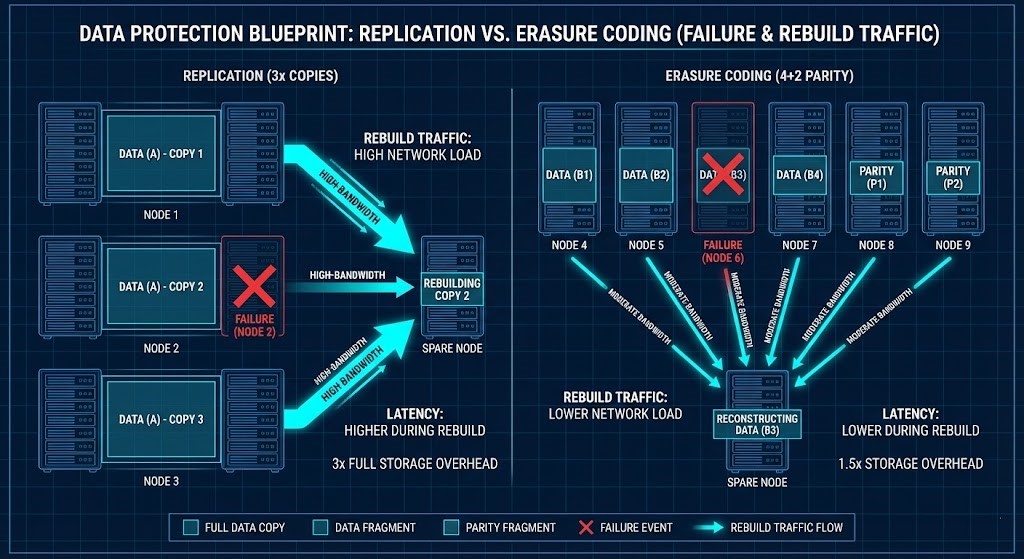 Erasure coding versus replication diagram showing distributed storage rebuild behavior