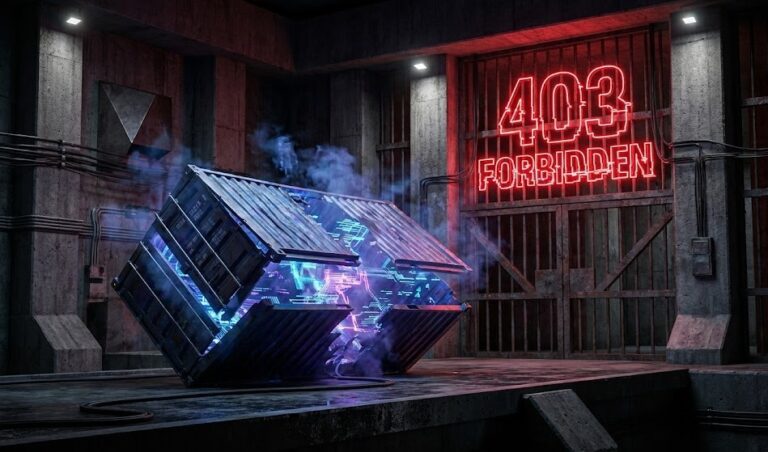 A shattered container representing a failed Kubernetes image pull due to IAM locking.