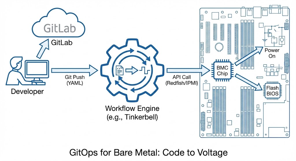 Diagram showing the flow from Git Commit to BMC/IPMI command execution.